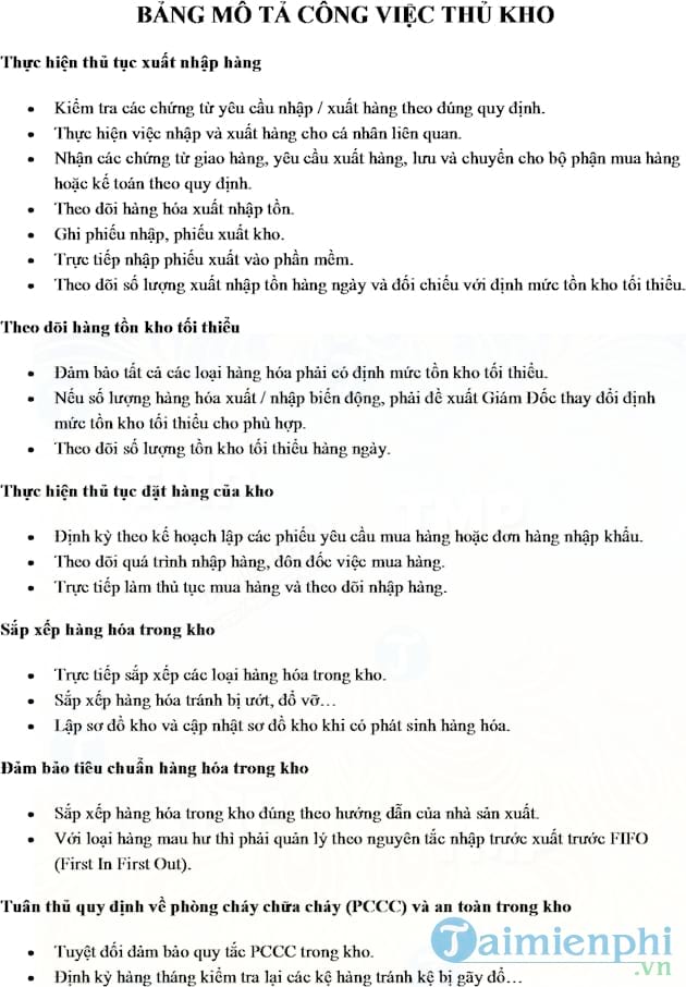 Bảng mô tả công việc nhân viên Thủ kho
