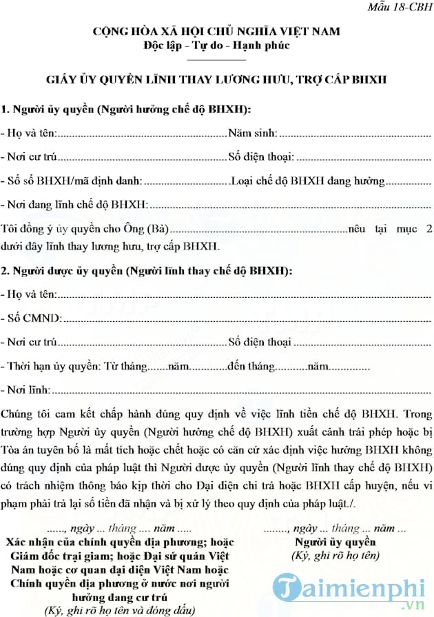Giấy ủy quyền lĩnh thay lương hưu, trợ cấp BHXH