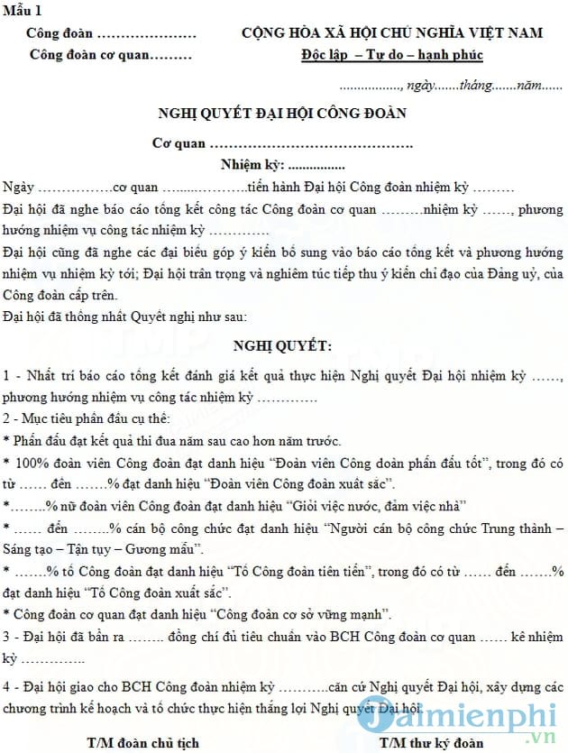 Mẫu nghị quyết của đại hội công đoàn