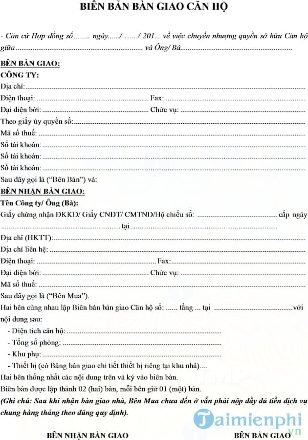 Biên bản bàn giao căn hộ