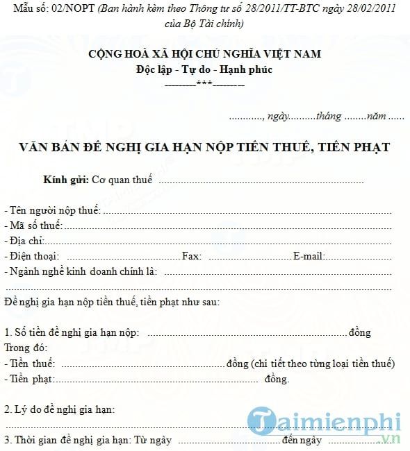 Mẫu văn bản đề nghị gia hạn nộp tiền thuế, tiền phạt