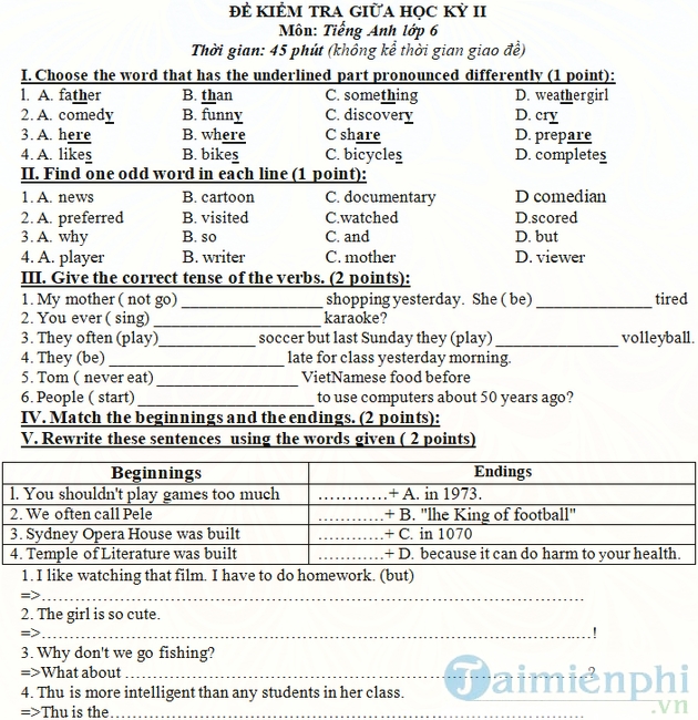 Đề kiểm tra giữa học kì 2 lớp 6 môn tiếng Anh