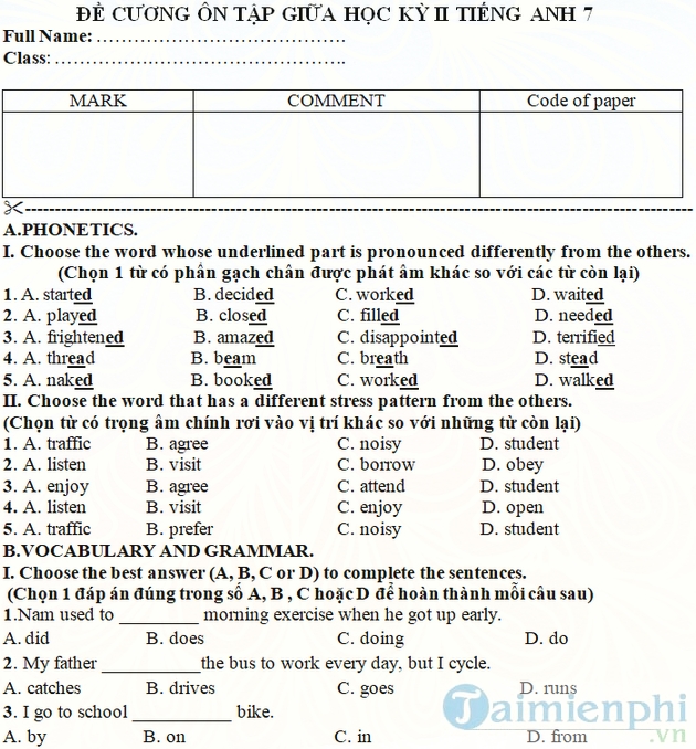 Đề kiểm tra giữa học kì 2 lớp 7 môn tiếng Anh Chương trình mới