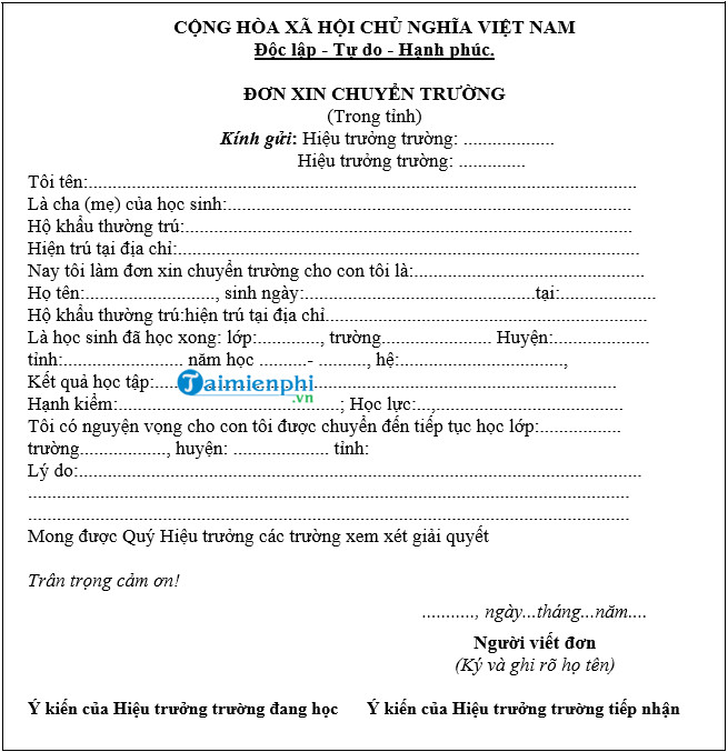 don xin chuyen truong cho tre mam non