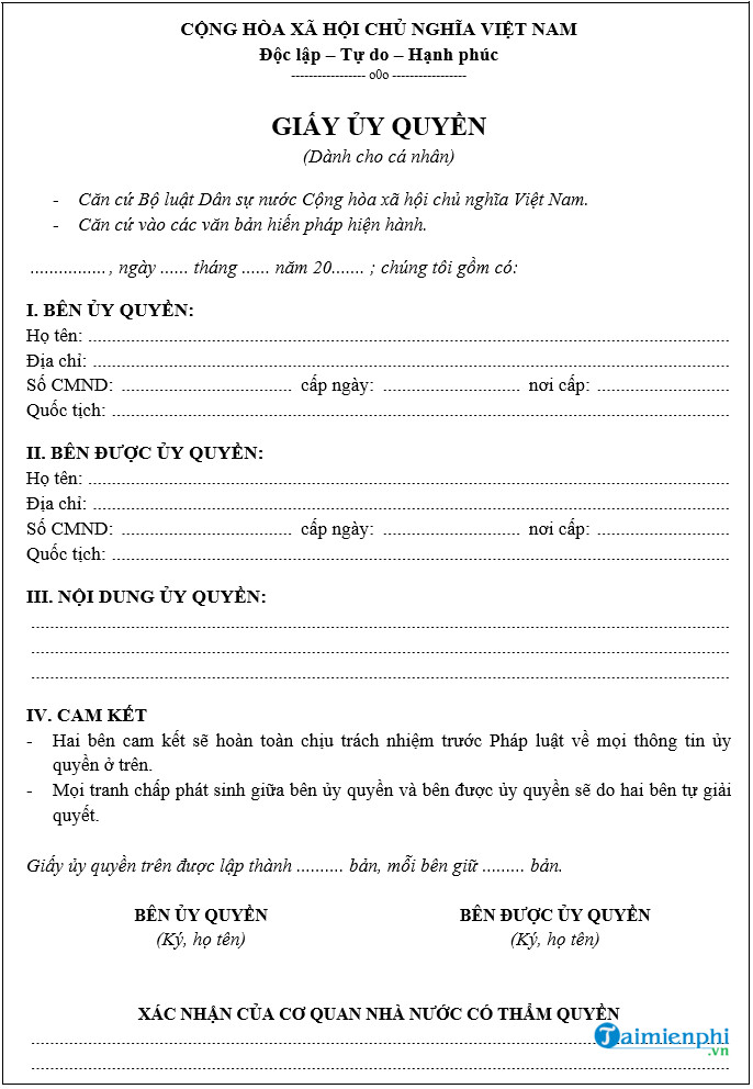 mau giay uy quyen ca nhan