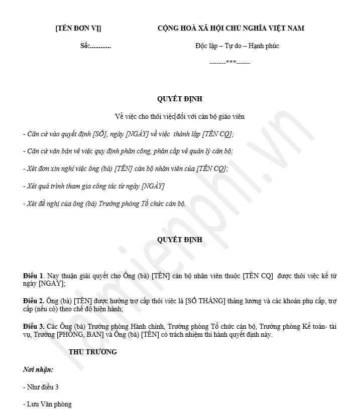 mau quyet dinh thoi viec bieu mau giao vien