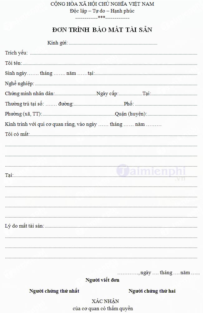 Đơn trình báo mất tài sản