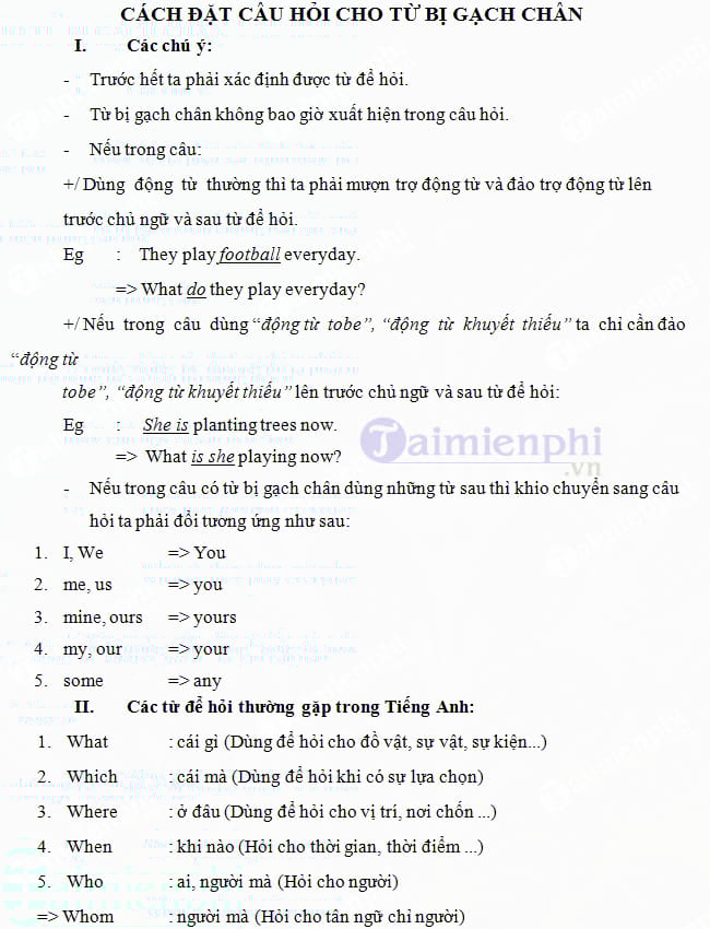 Bài tập Tiếng Anh đặt câu hỏi cho từ gạch chân