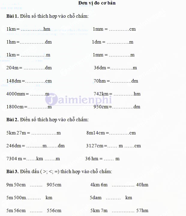 Bài tập về đơn vị đo