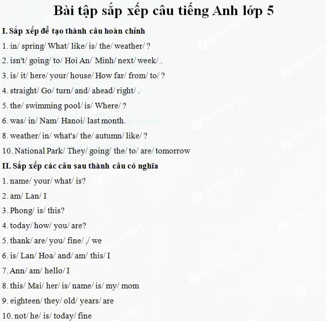 Bài tập sắp xếp câu tiếng Anh lớp 5