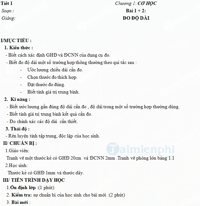 Giáo án môn Vật lý lớp 6