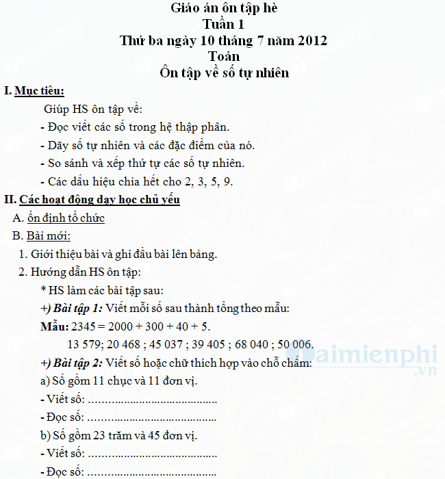 Giáo án dạy hè Lớp 4 lên Lớp 5