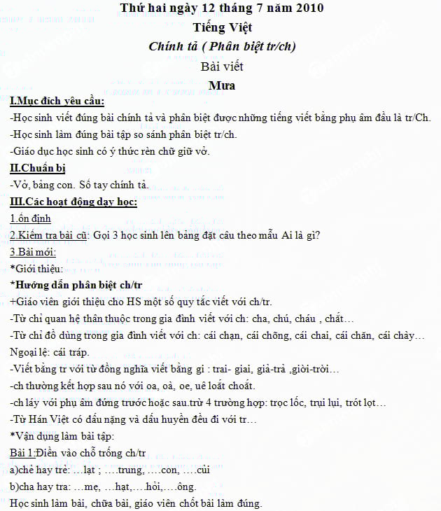 Giáo án dạy hè Lớp 3 lên Lớp 4