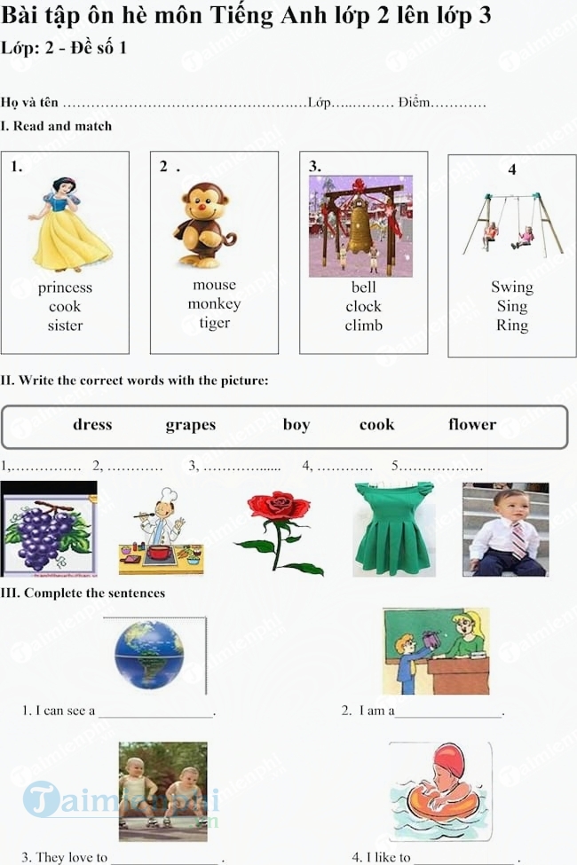 Bài tập ôn hè môn Tiếng Anh lớp 2 lên lớp 3