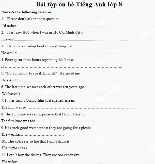 Bài tập ôn hè Tiếng Anh lớp 8