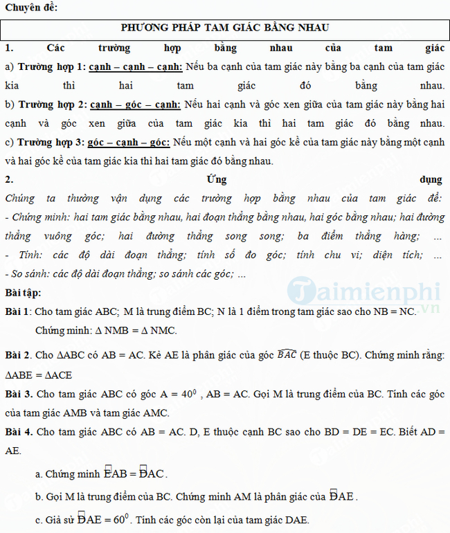 Các trường hợp bằng nhau của hai tam giác Toán lớp 7