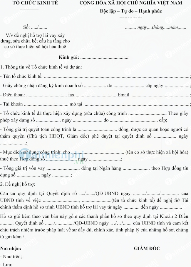 Mẫu công văn đề nghị hỗ trợ lãi vay của các tổ chức kinh tế