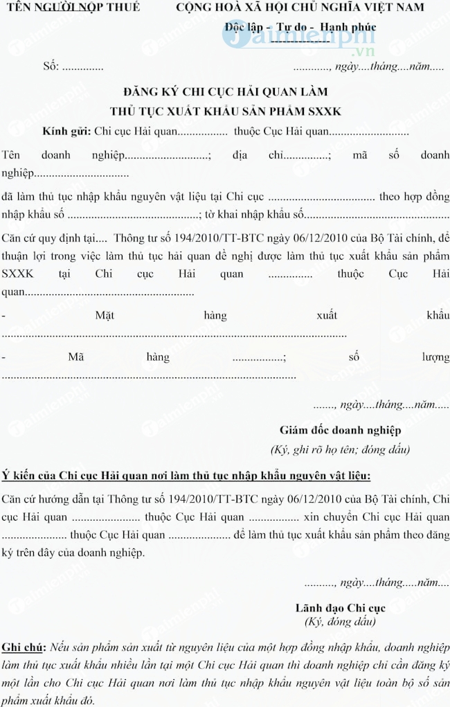 Mẫu đăng ký Chi cục Hải quan làm thủ tục xuất khẩu sản phẩm