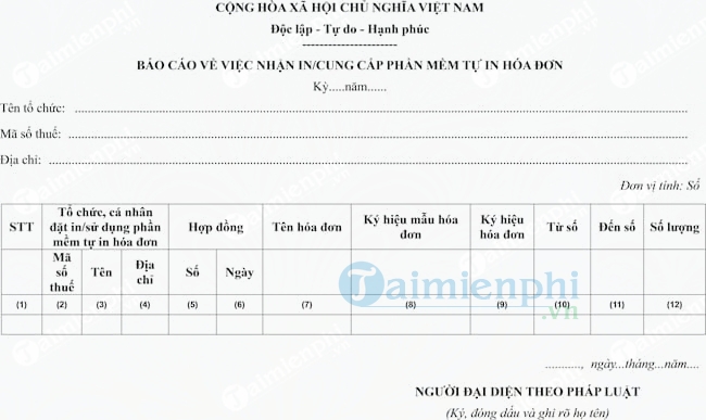 Mẫu báo cáo về việc nhận in, cung cấp phần mềm tự in hóa đơn