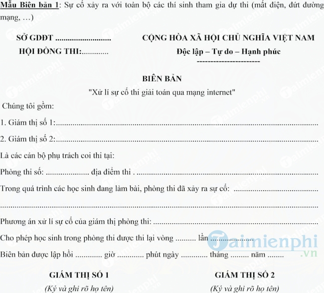Mẫu biên bản xử lí sự cố thi giải toán qua mạng internet