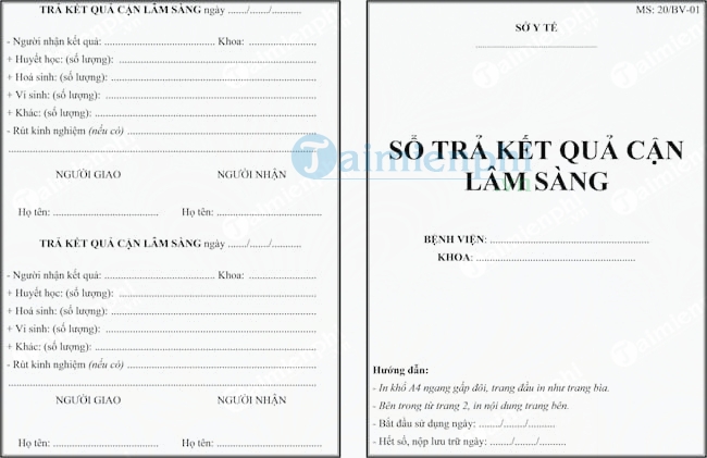 Mẫu sổ trả kết quả cận lâm sàng