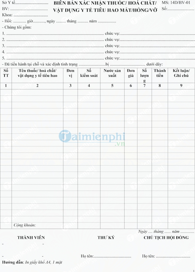 Mẫu biên bản xác nhận thuốc/hóa chất/vật dụng y tế tiêu hao mất/hỏng/vỡ