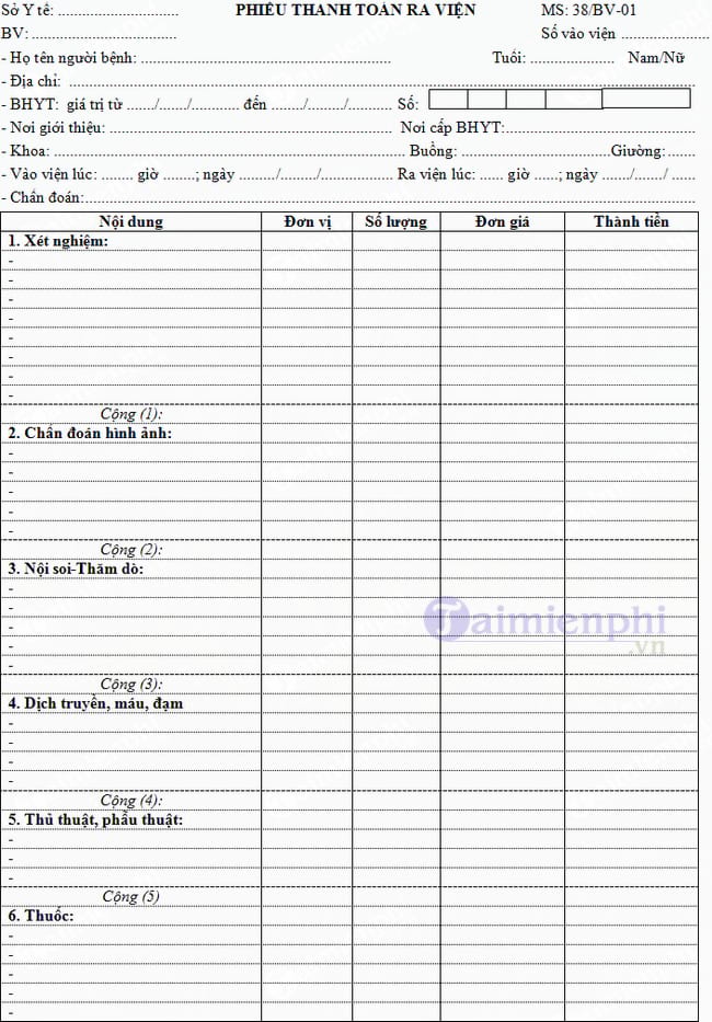 Mẫu phiếu thanh toán ra viện