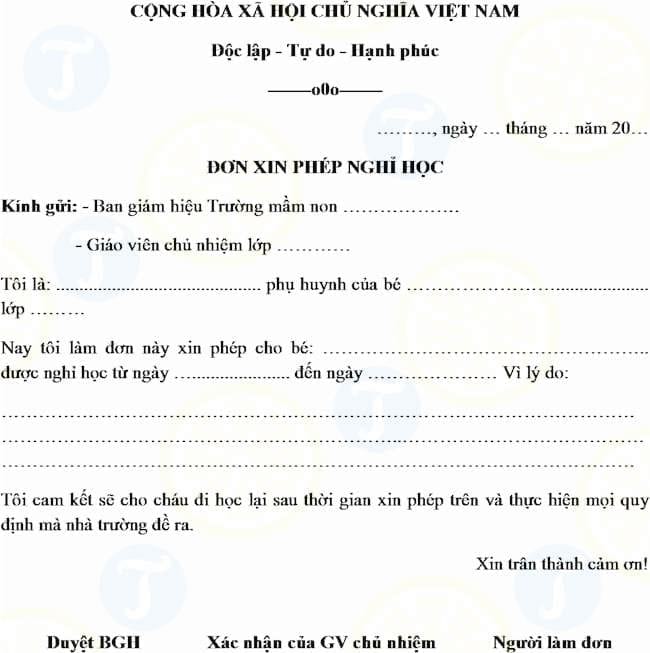 Đơn xin nghỉ học mẫu giáo
