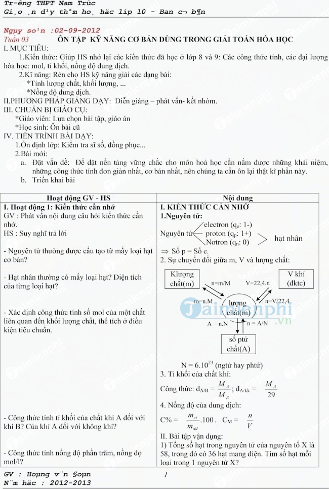 Giáo án dạy thêm Hóa học 10 cơ bản học kì 1