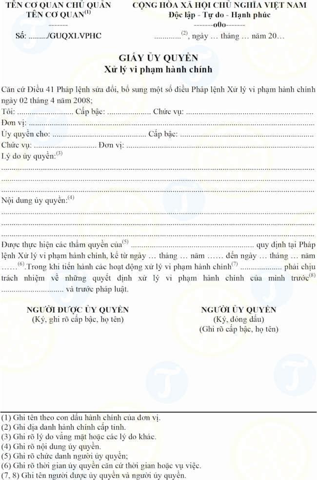 Mẫu giấy ủy quyền xử lý vi phạm hành chính