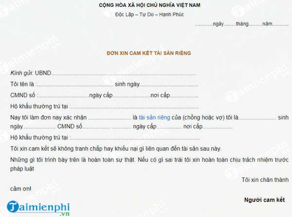mau giay cam ket tai san chung tai san rieng