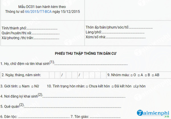 mau phieu thu thap thong tin dan cu moi nhat