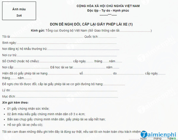 don de nghi doi cap lai giay phep lai xe