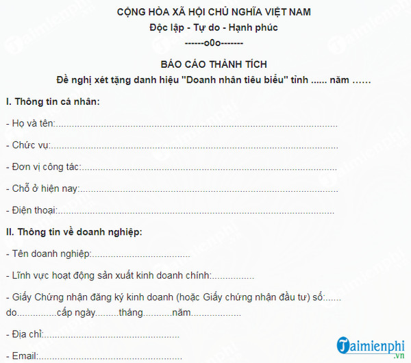 mau bao cao thanh tich de nghi xet tang danh hieu doanh nhan tieu bieu