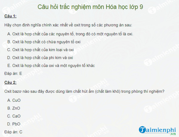cau hoi trac nghiem mon hoa hoc lop 9