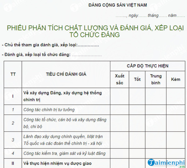 phieu phan tich chat luong va danh gia xep loai to chuc dang