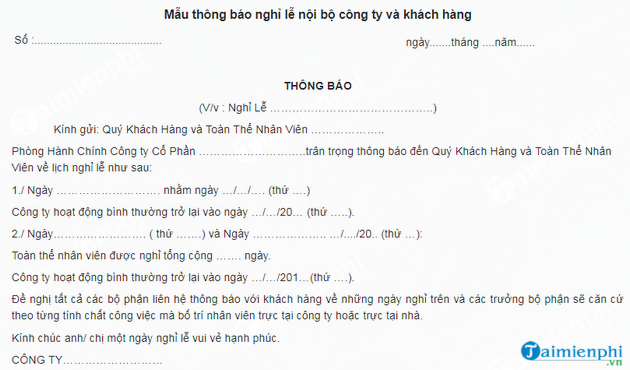 mau thong bao nghi le cho khach hang